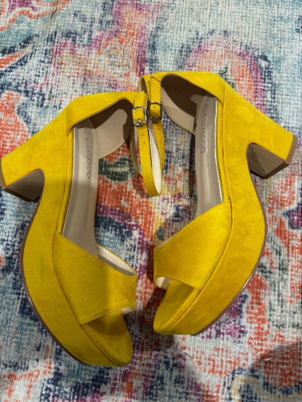 Bright Yellow Suede-Look Platform Sandals with Ankle Strap - Picture 3 of 10
